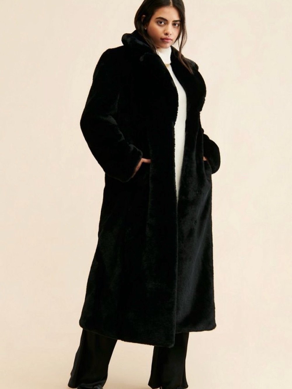Avec Les Filles Faux Fur Long Coat Black Belted Size S